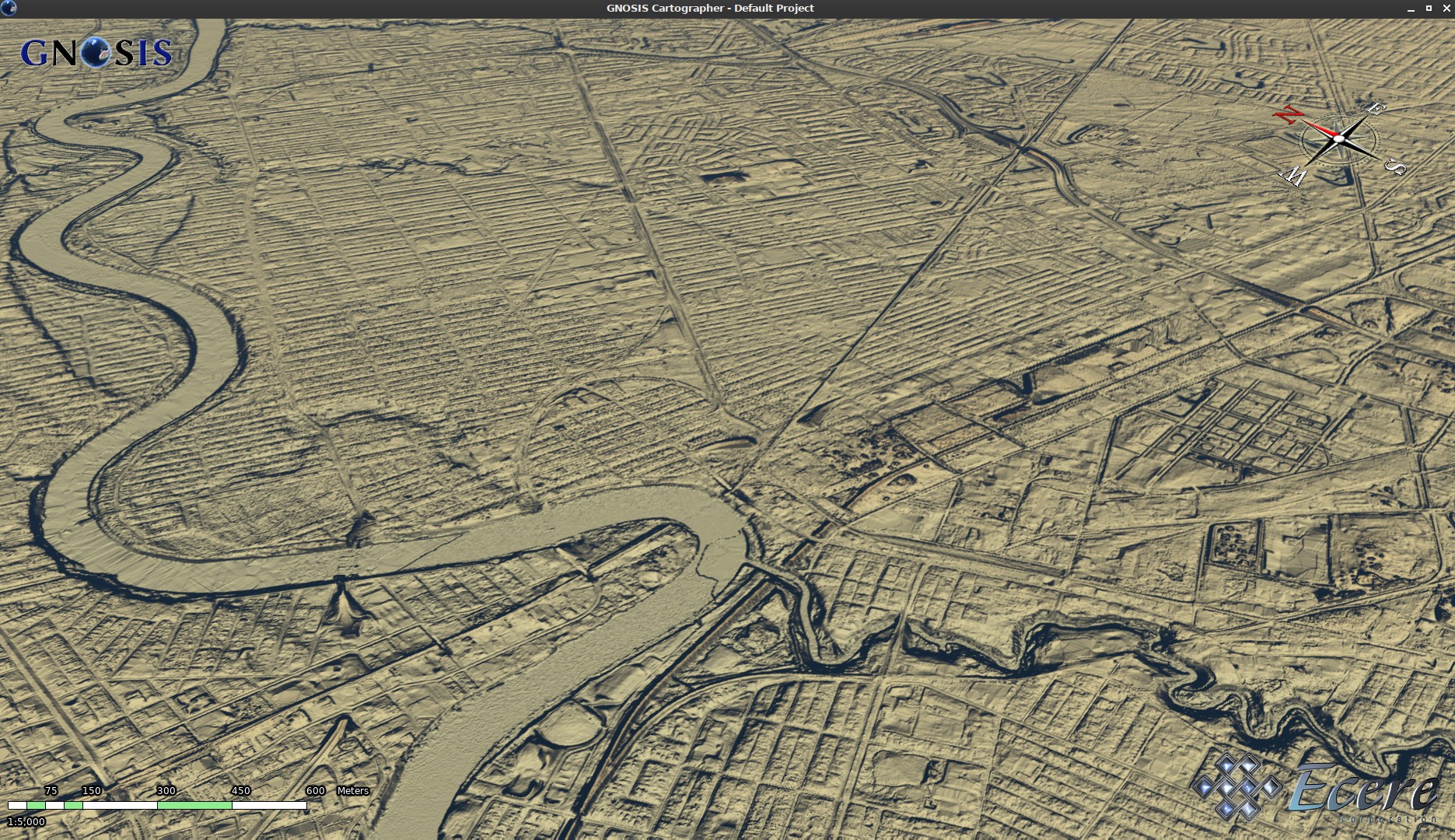 A screenshot of Ecere’s GNOSIS Cartographer visualizing data from NRCan’s HRDEM product. The data was served to GNOSIS Cartographer by an implementation of OGC API - Tiles.