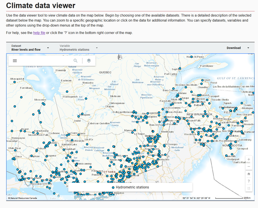 The Canadian Centre for Climate Services (CCCS) Climate data viewer displaying hydrometric stations from MSC GeoMet OGC API - Features