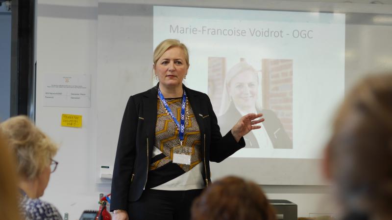 Marie-Françoise Voidrot speaks at the Women In Geospatial Breakfast in London