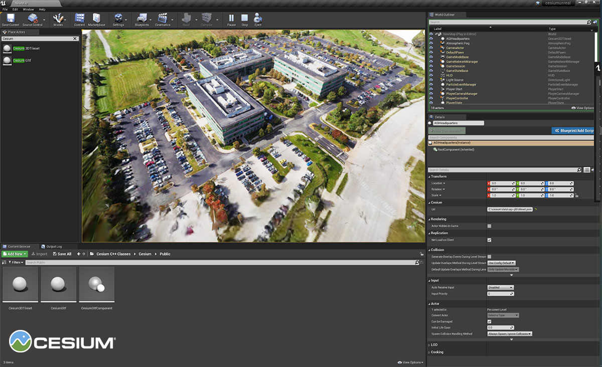 Prototype for Cesium for Unreal Engine showing a high-resolution photogrammetry 3D tileset of AGI headquarters, where Cesium originated.