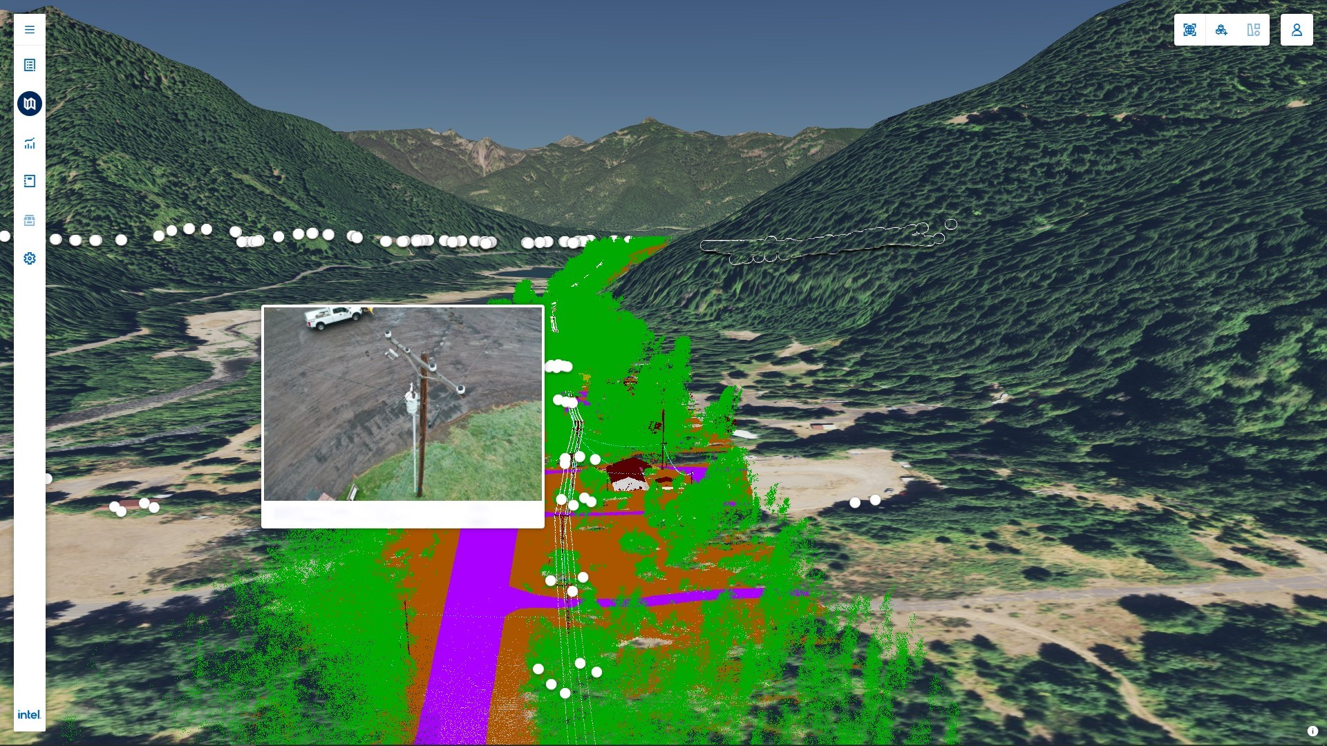 Use of 3D Tiles for streaming multisource imagery and lidar for visualization within the Intel Geospatial Explorer.