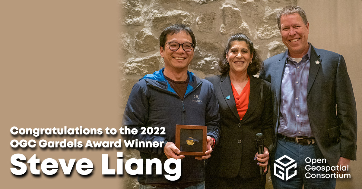 Banner announcing the 2022 OGC Gardels Award Winner, Steve Liang (L), with OGC CEO Nadine Alameh (M), and OGC CSO Scott Simmons (R)