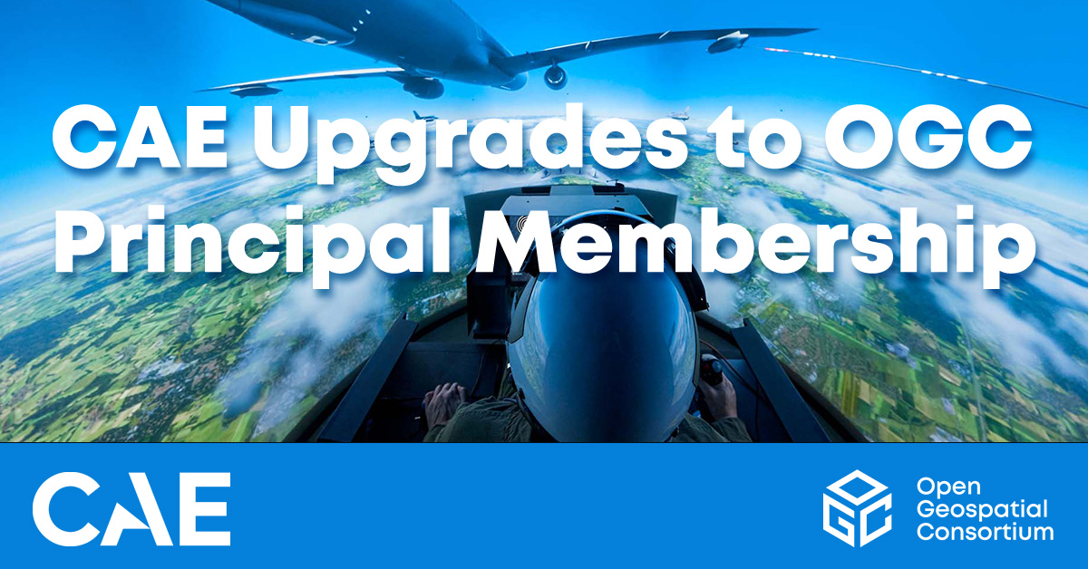 Man in military flight simulator with overlaid text "CAE upgrades to OGC Principal Membership"
