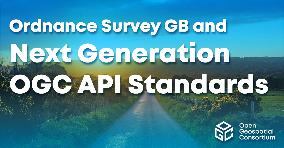 A road with fields on either side with text overlay: "Ordnance Survey and Next Generation OGC API Standards"